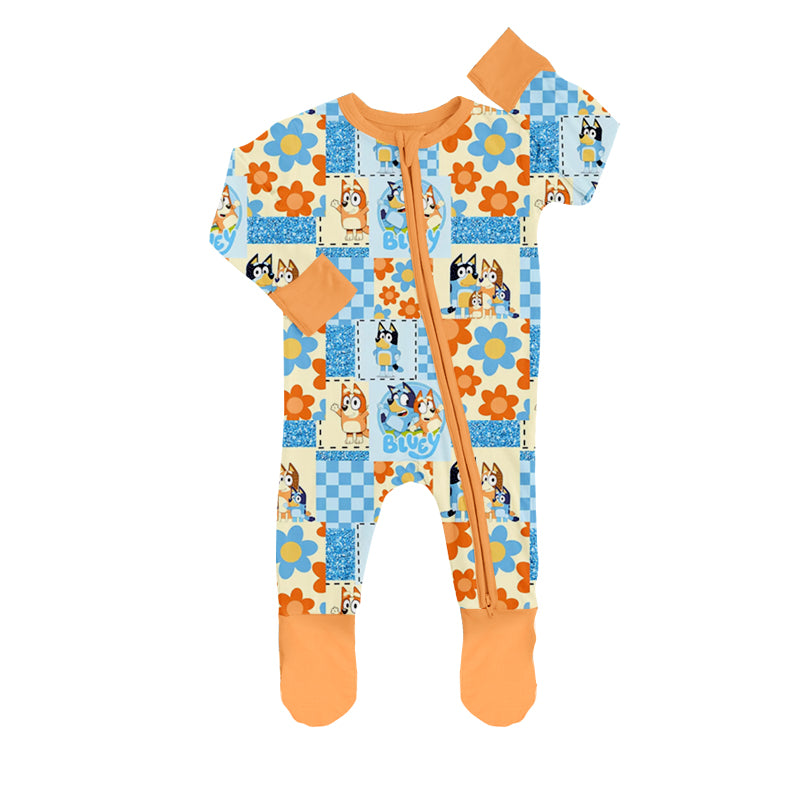 MOQ 5 PCS dogs floral patchwork baby girls footed zipper coverall