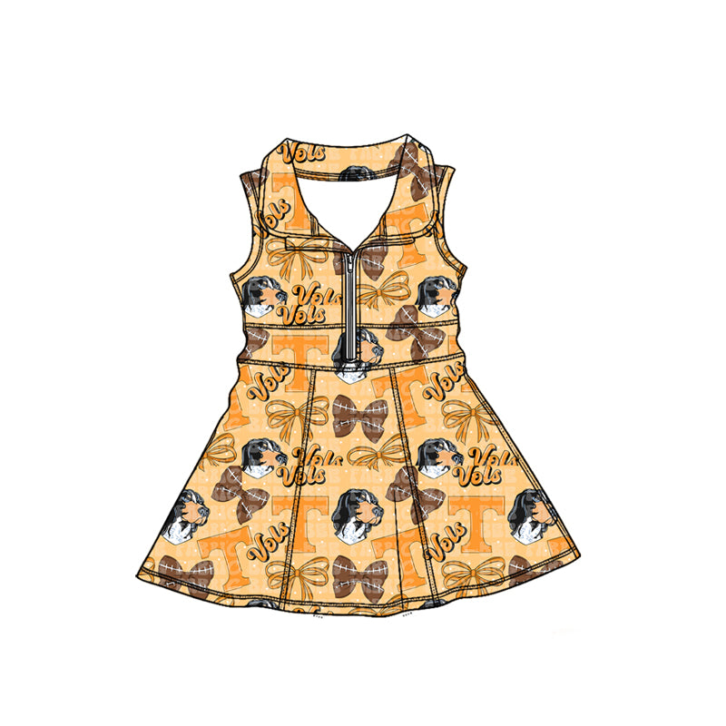 MOQ 5 pcs sleeveless T dog bow girls zipper team athletic dress