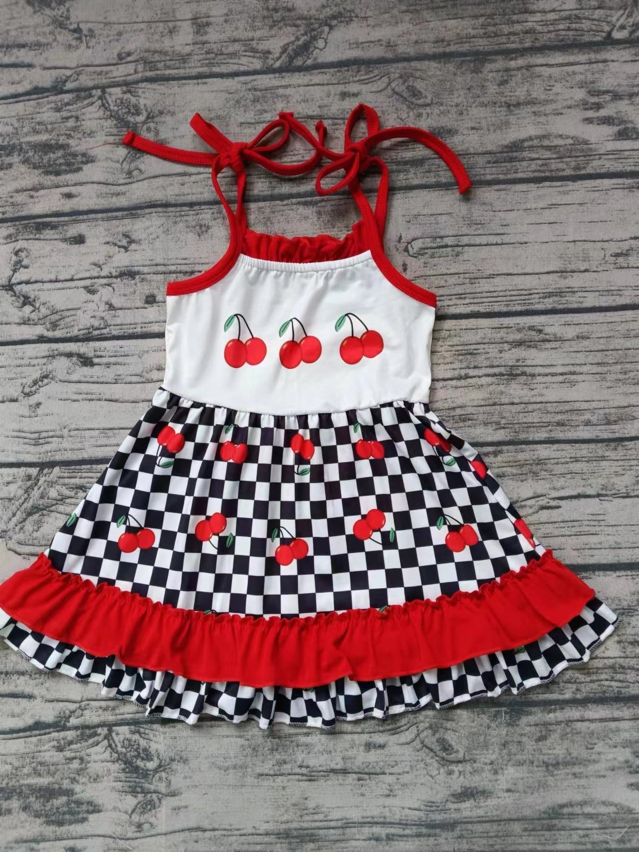MOQ 3 straps cherry plaid kids girls summer dress
