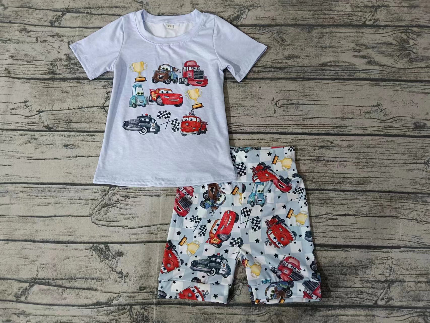 MOQ 3 pcs cars top plaid shorts boys summer clothes