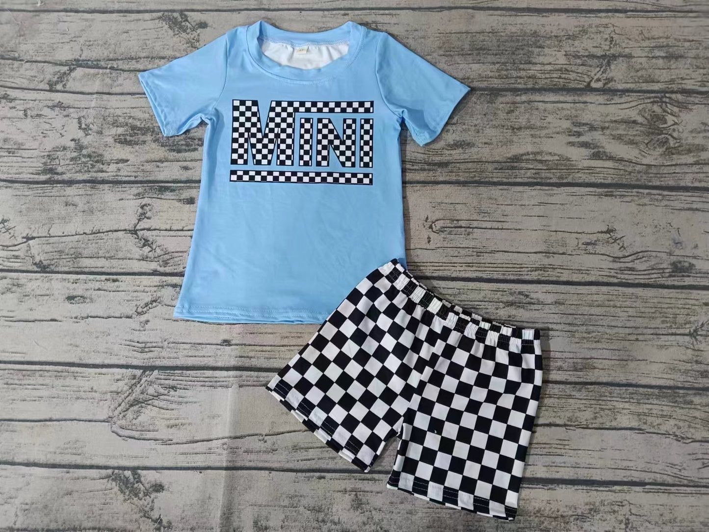 MOQ 3 pcs light blue mini top plaid shorts boys clothes