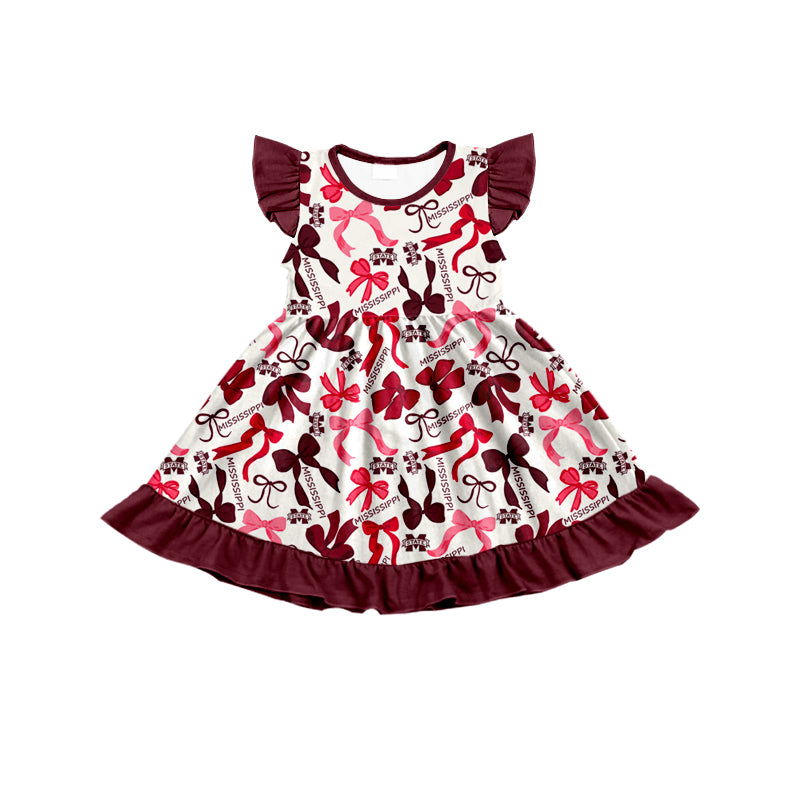MOQ 3 pcs flutter sleeves M maroon bows girls team dress