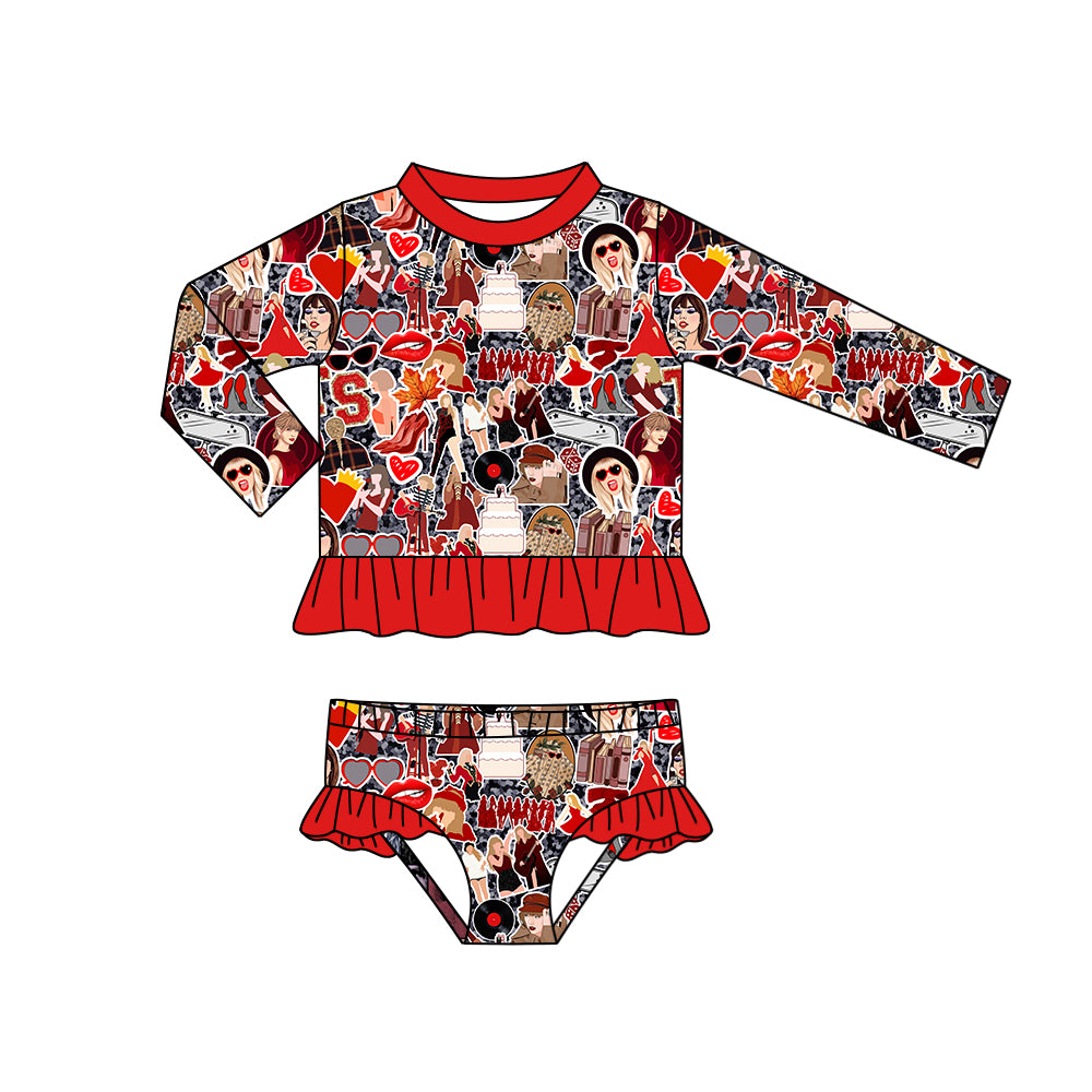 MOQ 3 long sleeves red ruffle heart singer girls swimsuit