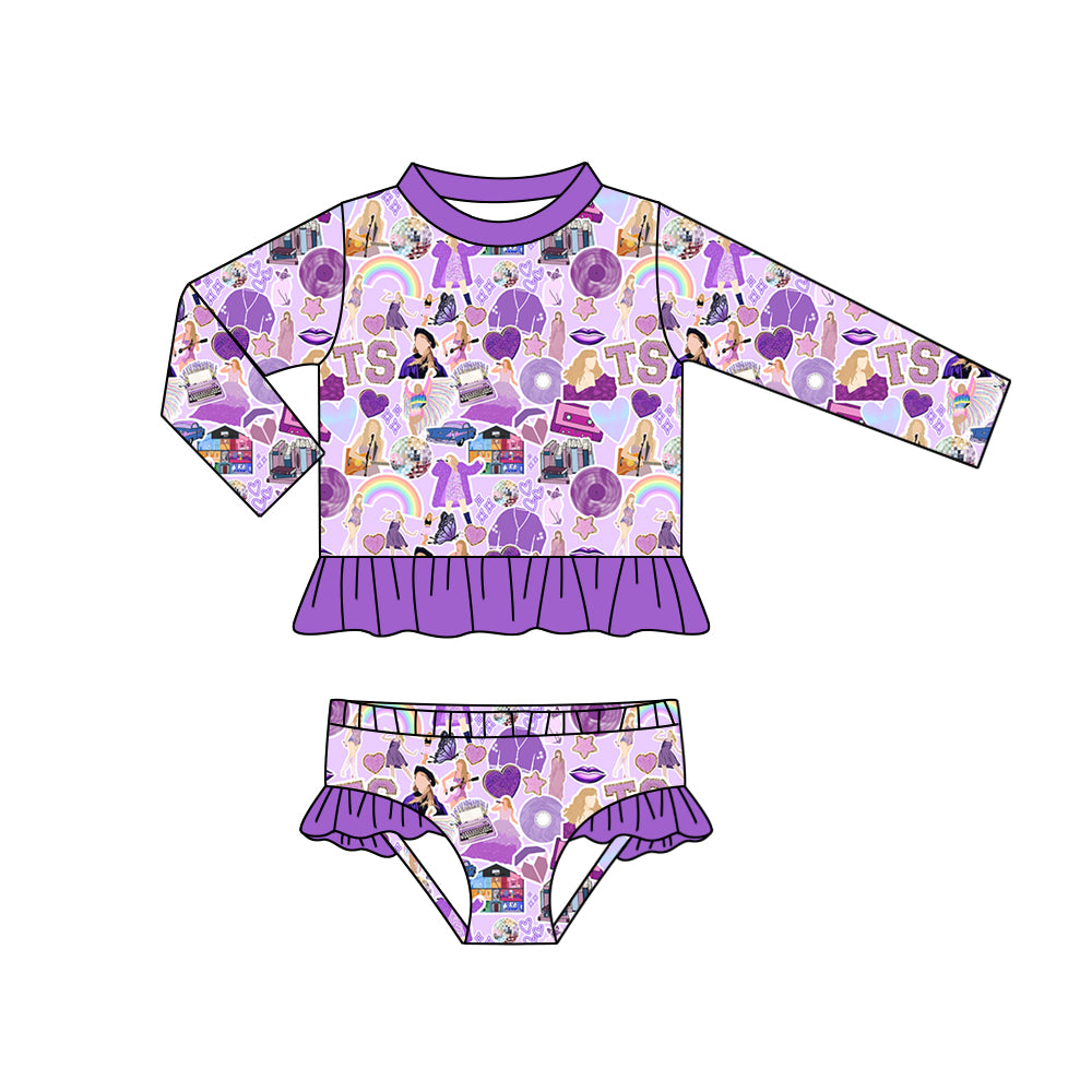 MOQ 3 long sleeves purple ruffle rainbow guitar singer girls swimsuit