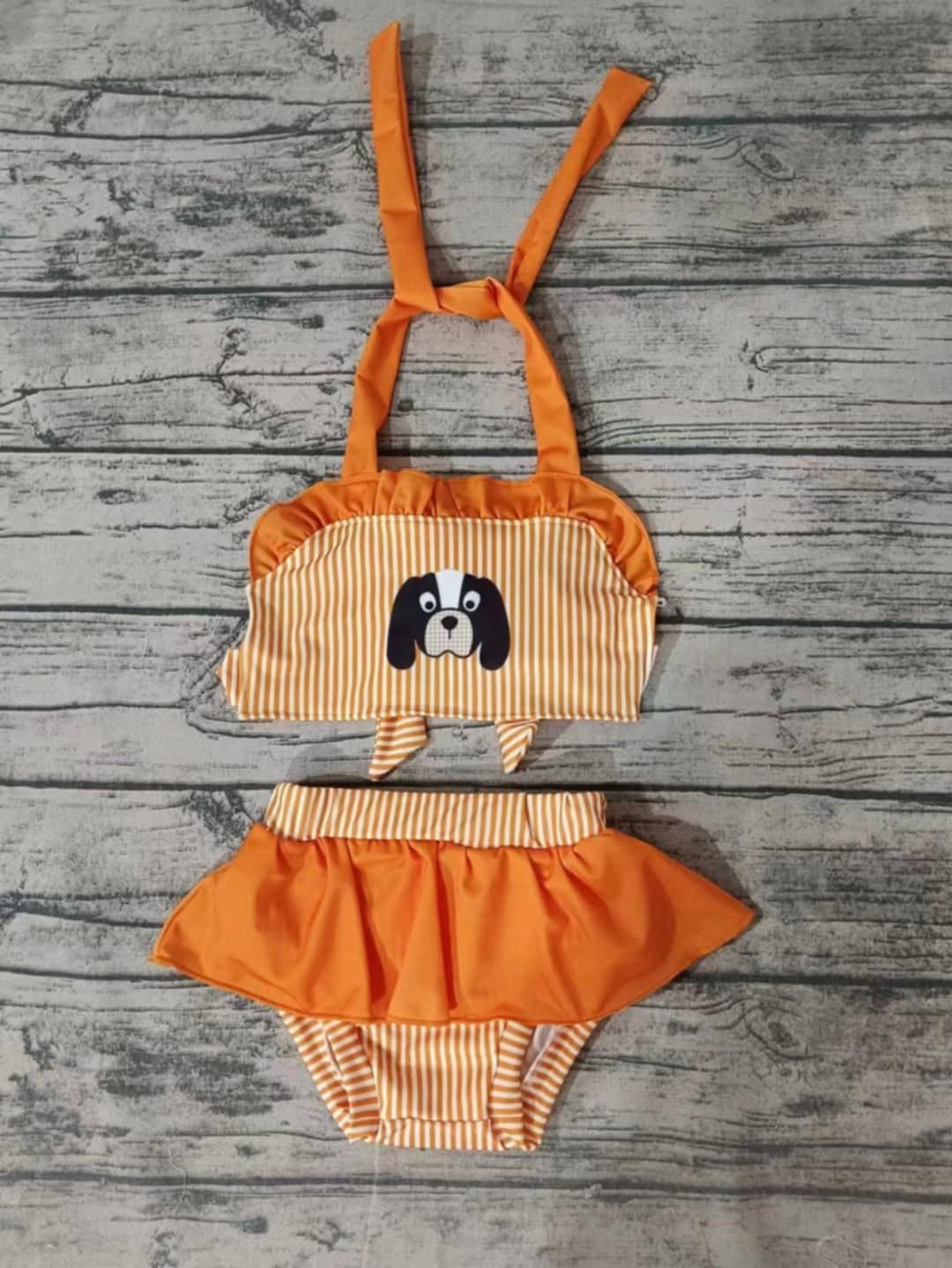 MOQ 3 G yellow stripe dog kids girls one piece team swimsuit