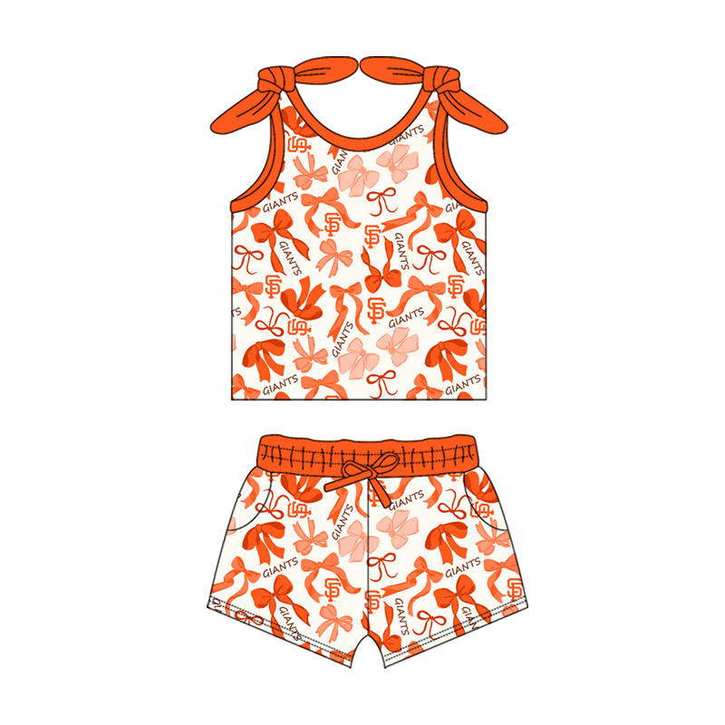 MOQ 3 pcs sleeveless S F orange bow top shorts girls team clothes