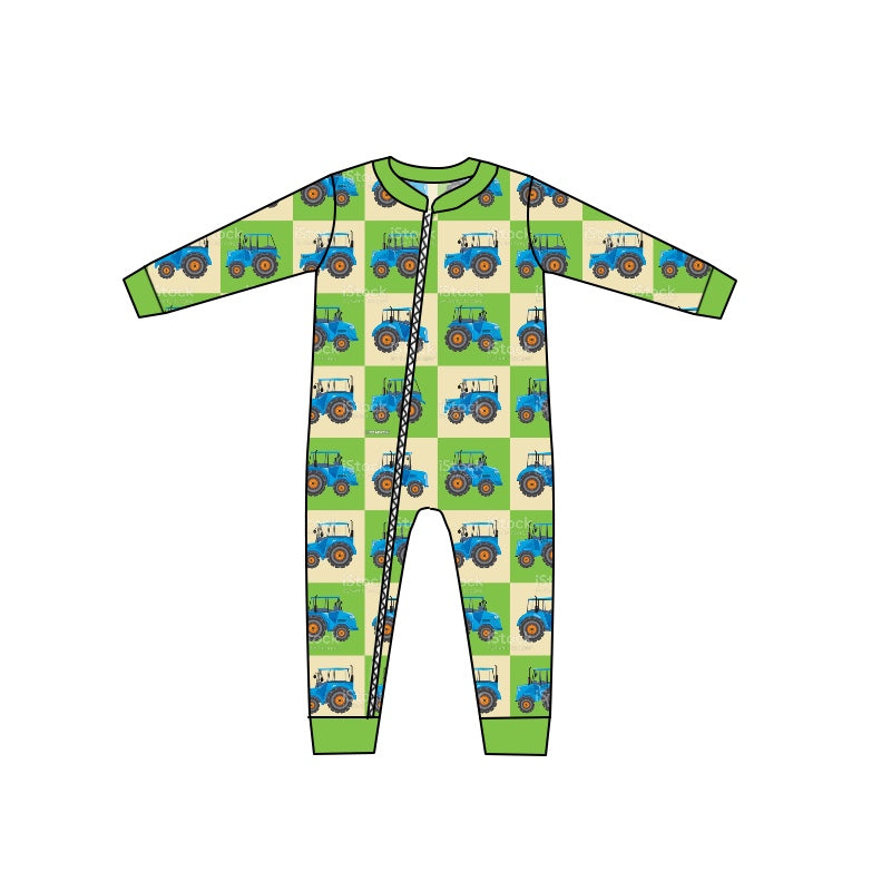 MOQ 5 PCS green blue tractor baby boy zipper romper