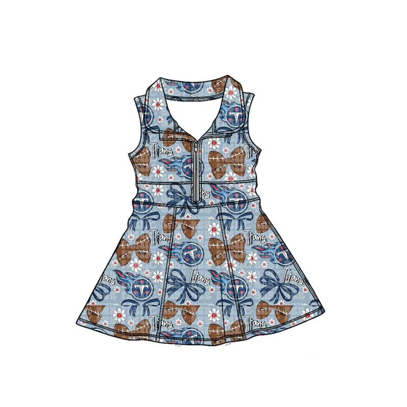 MOQ 5 pcs sleeveless light blue bow girls zipper team athletic dress