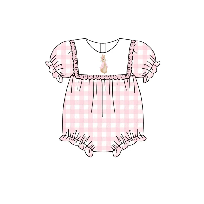 Deadline Jan 27 short sleeves pink plaid rabbit baby girls easter romper