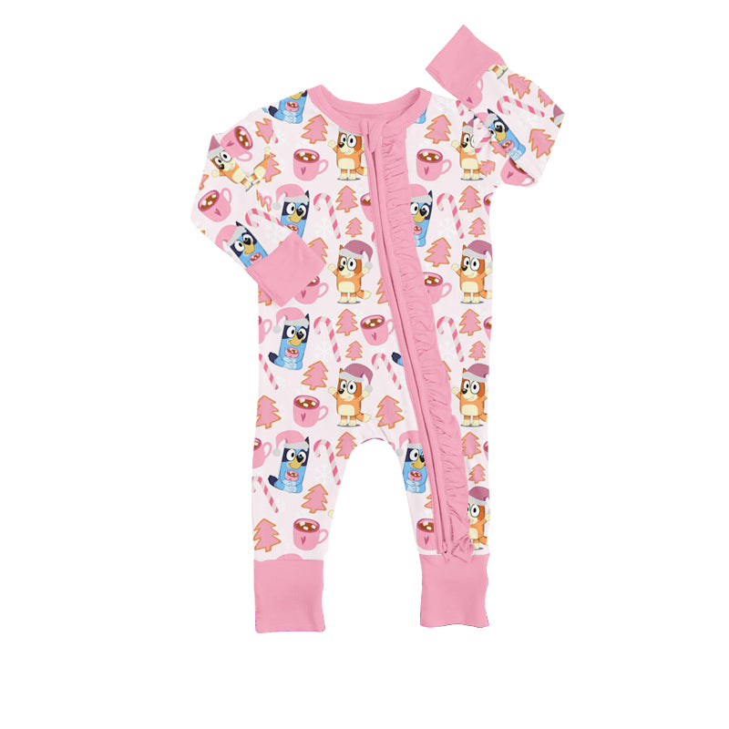 MOQ 5 PCS pink dogs candy cane baby girls Christmas romper