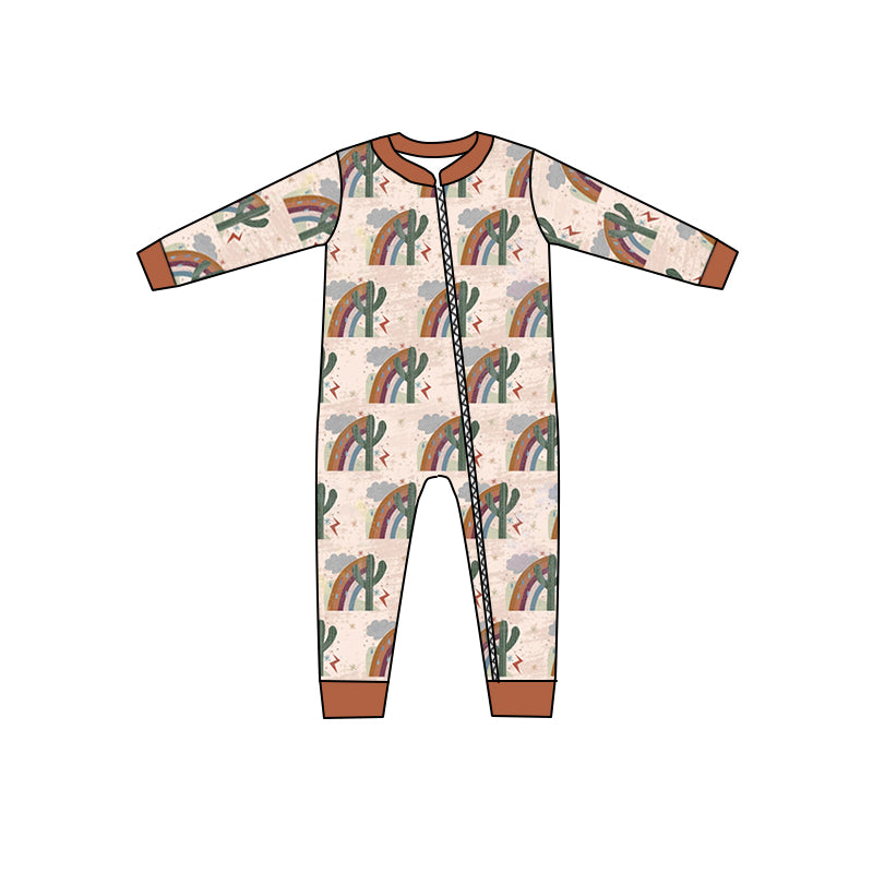 MOQ 5 PCS Cactus rainbow long sleeves baby kids zipper romper