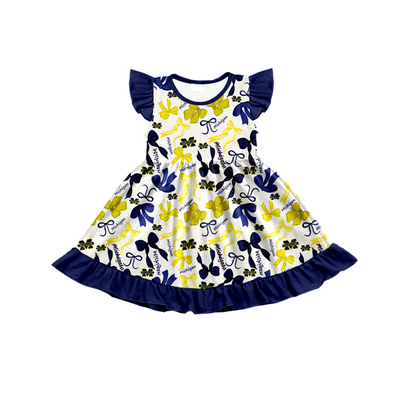 MOQ 3 pcs flutter sleeves M navy bows girls team dress