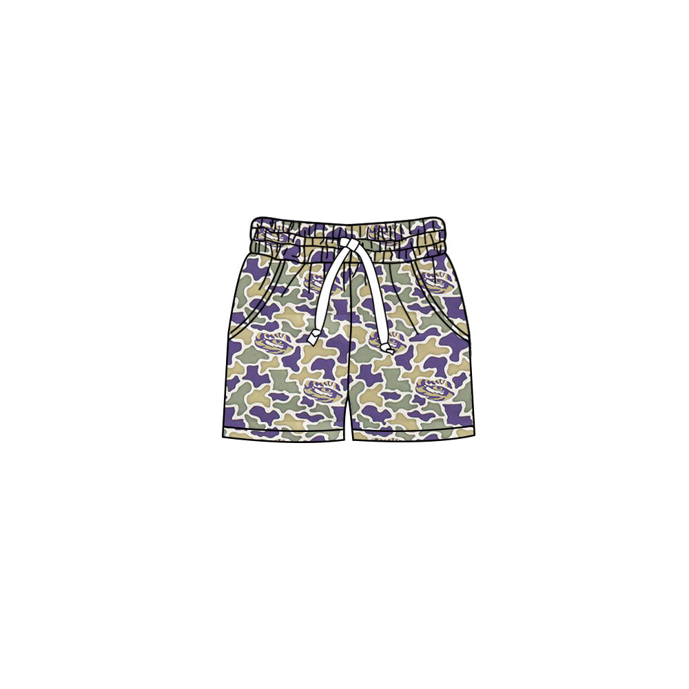 MOQ 5 pcs purple camo pockets kids boys team shorts