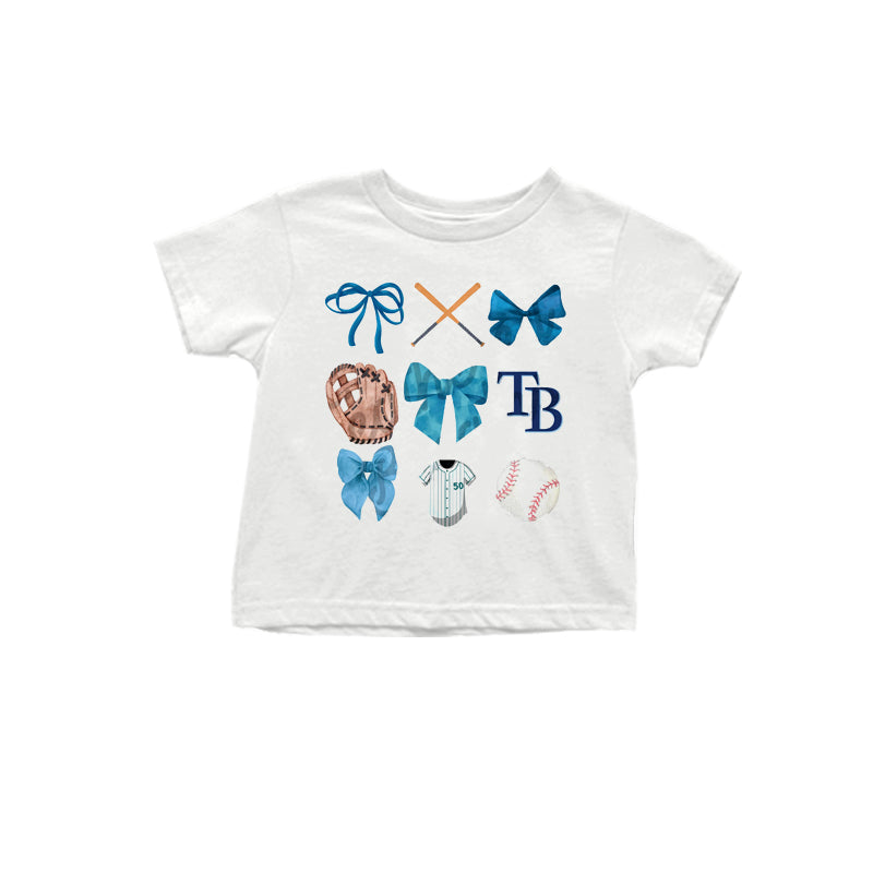 MOQ 3 pcs White short sleeves blue bow T B baseball kids team shirt
