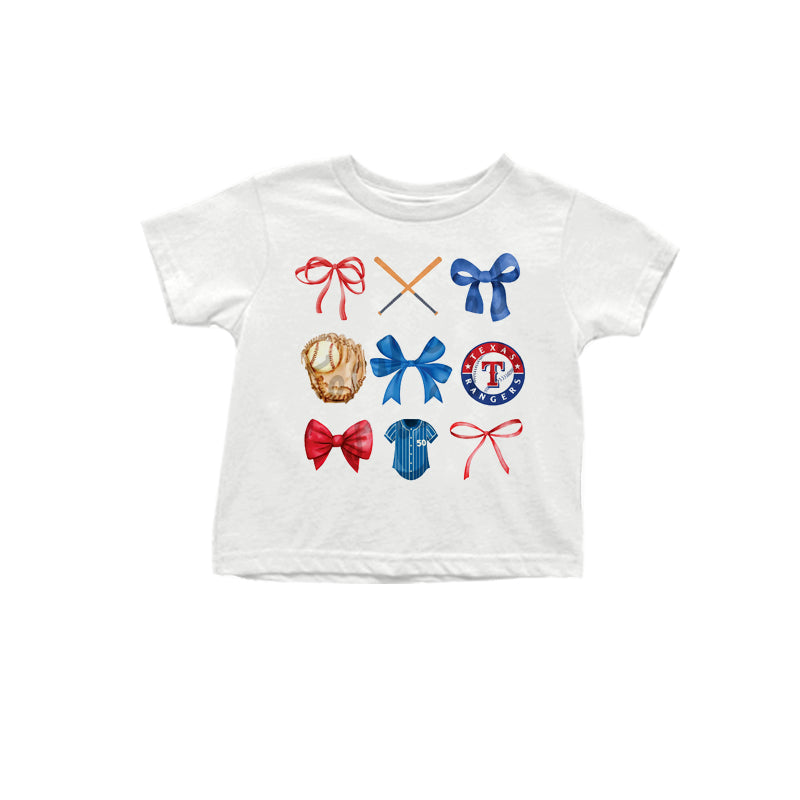 MOQ 3 pcs White short sleeves blue bow T baseball kids team shirt