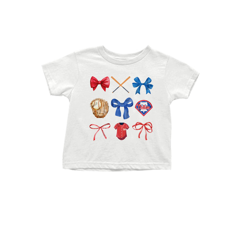 MOQ 3 pcs White short sleeves blue bow P baseball kids team shirt