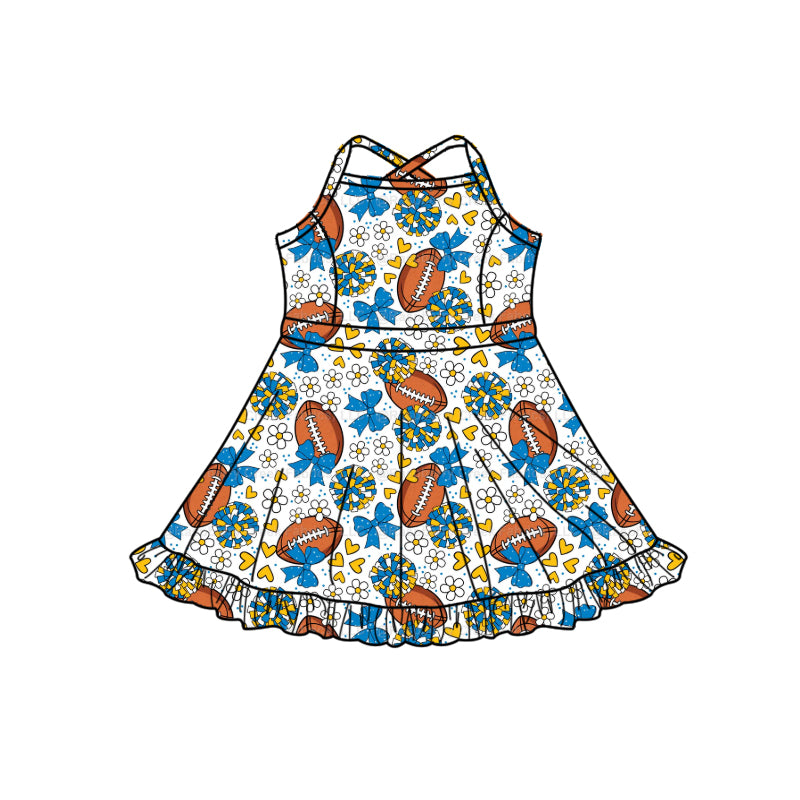 MOQ 5 pcs straps yellow blue bow floral heart football girls team athletic dress