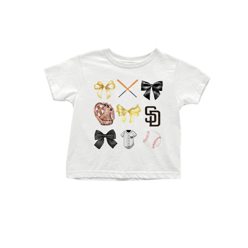 MOQ 3 pcs White short sleeves yellow bow S D baseball kids team shirt