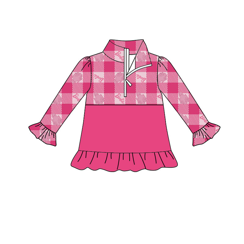 MOQ 5 hot pink plaid ruffle party girls zipper pullover