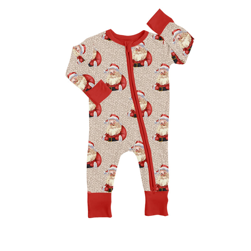MOQ 5 PCS santa leopard baby kids zipper Christmas romper