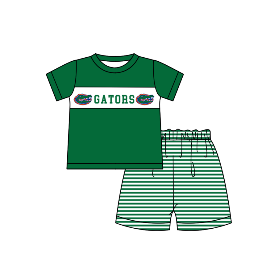 MOQ 5 pcs green short sleeves G top stripe shorts boys team outfit