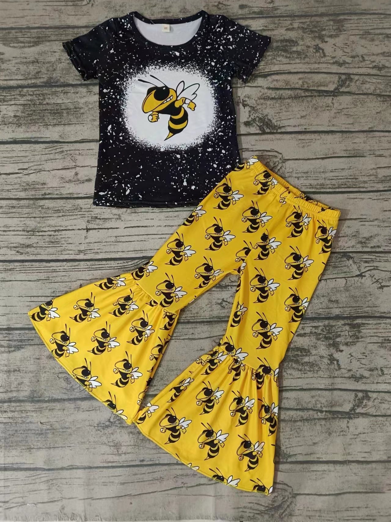 MOQ 3 pcs black bee top yellow pants girls team clothes