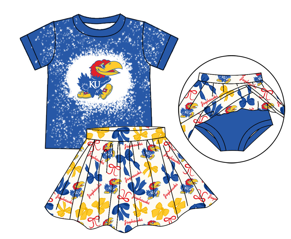 MOQ 3 pcs red K U bleached top bow skirt girls team outfits