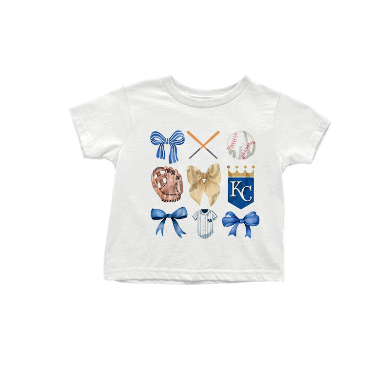 MOQ 3 pcs White short sleeves blue bow K C baseball kids team shirt