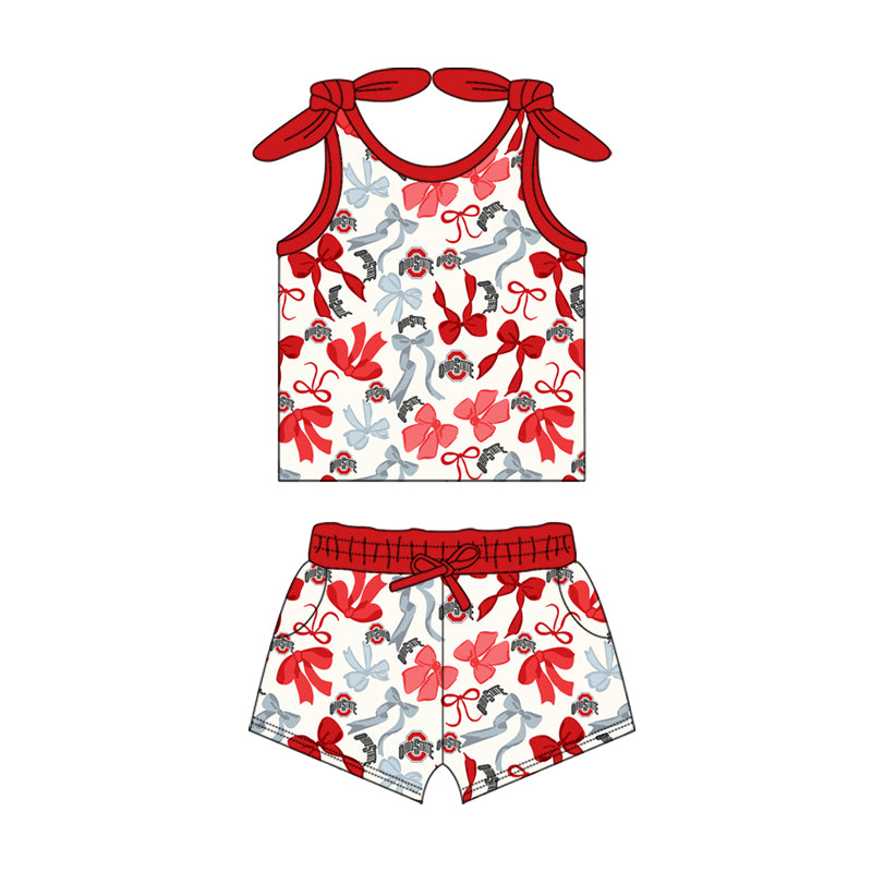 MOQ 3 pcs sleeveless red O bow top shorts girls team clothes