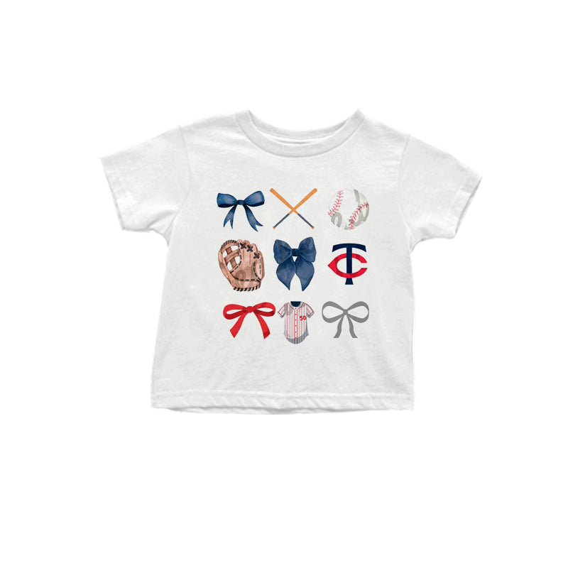MOQ 3 pcs White short sleeves blue red grey bow baseball kids team shirt