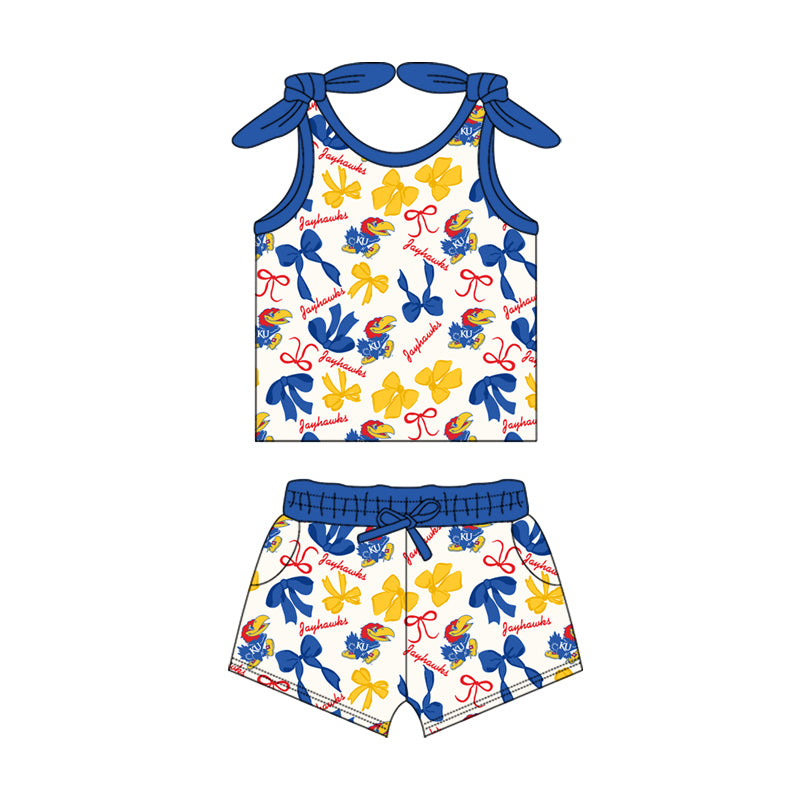 MOQ 3 pcs sleeveless K U blue bow top shorts girls team clothes