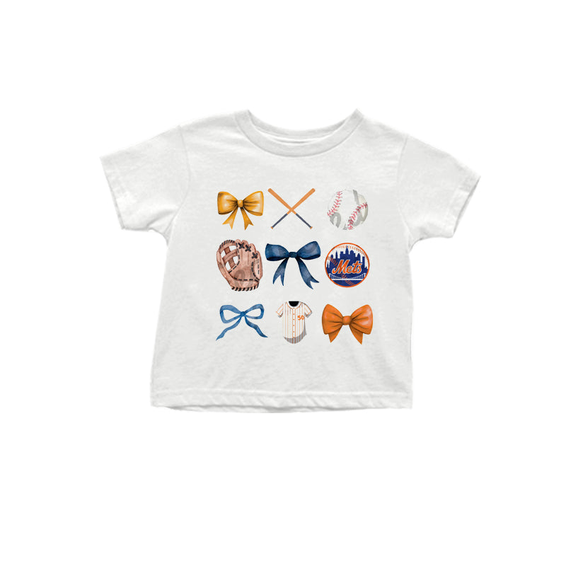 MOQ 3 pcs White short sleeves blue orange bow M baseball kids team shirt