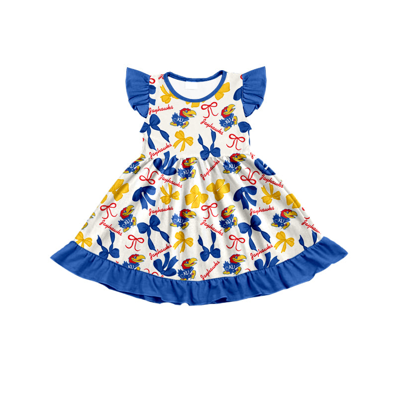 MOQ 3 pcs flutter sleeves K U blue bows girls team dress