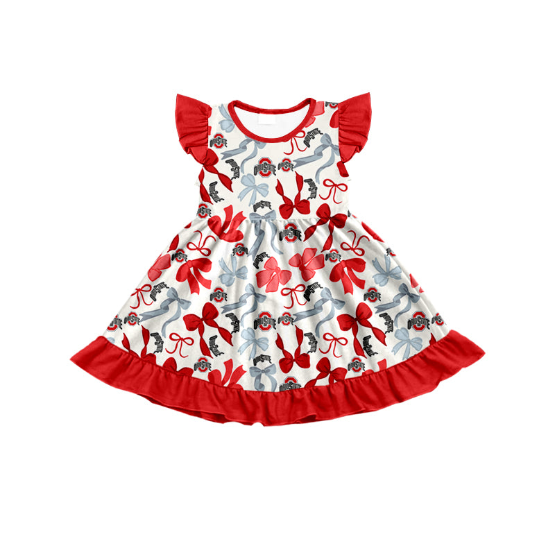 MOQ 3 pcs flutter sleeves red O bows girls team dress