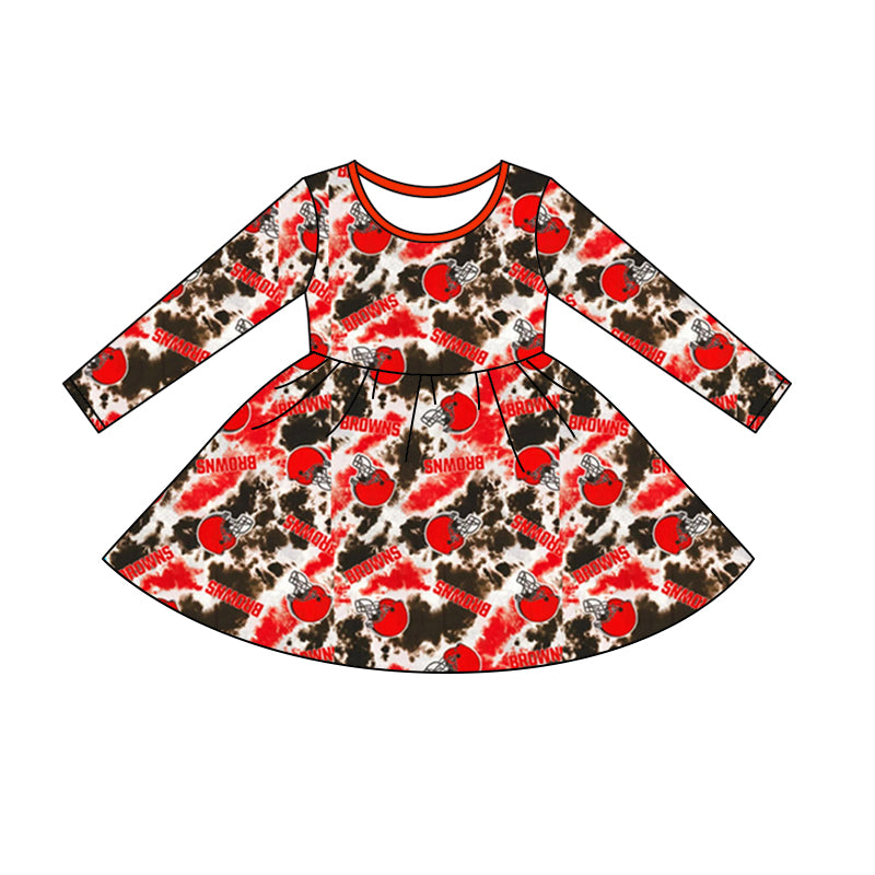 MOQ 3 pcs long sleeves orange tie dye girls team dress