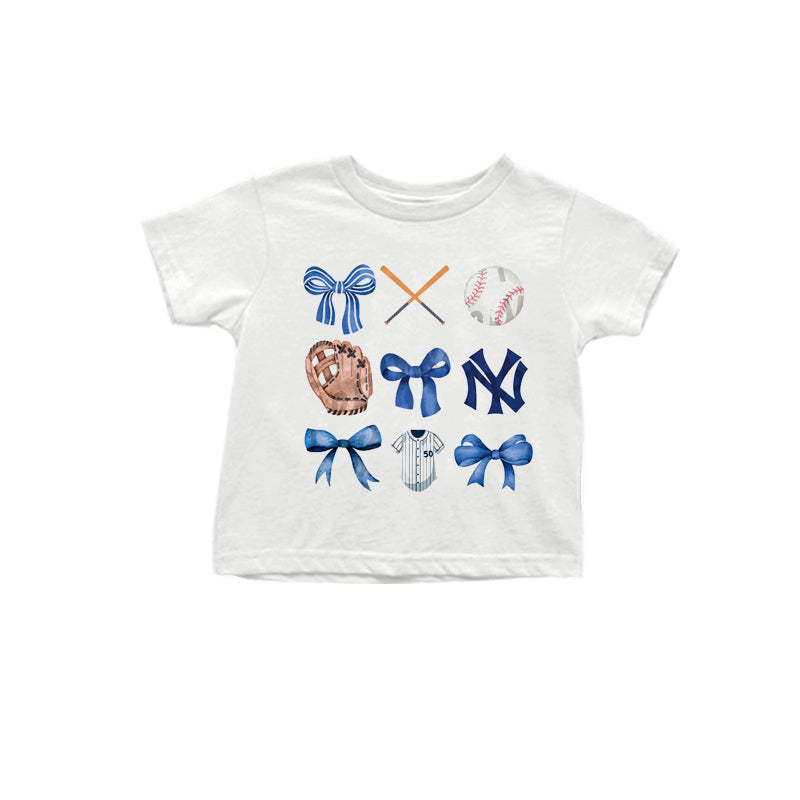 MOQ 3 pcs White short sleeves blue bow Y N baseball kids team shirt