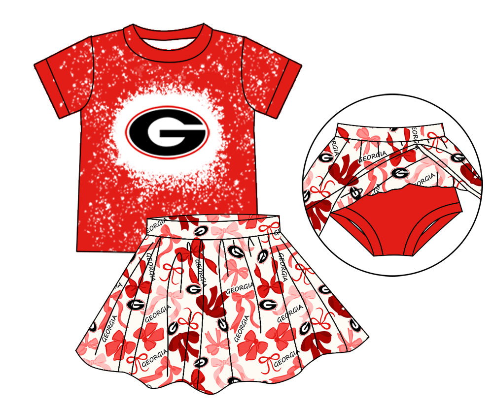 MOQ 3 pcs red G bleached top bow skirt girls team outfits