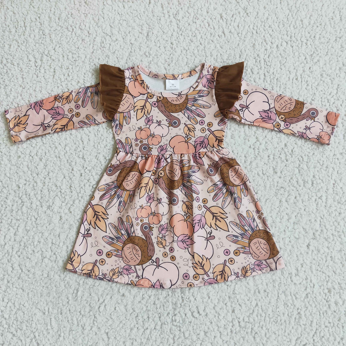 Long sleeve turkey print girls thanksgiving dresses