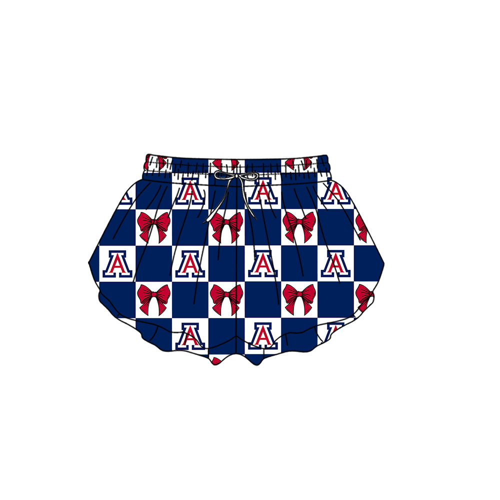 MOQ 5 pcs navy Plaid red bow A kids girls team active summer shorts