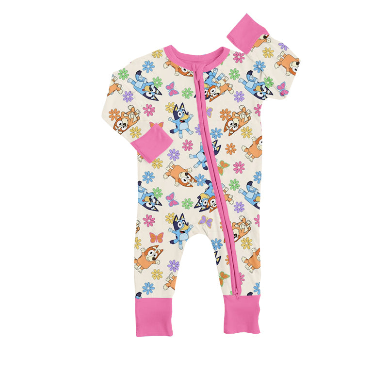 MOQ 5 PCS pink floral dogs baby girls zipper romper