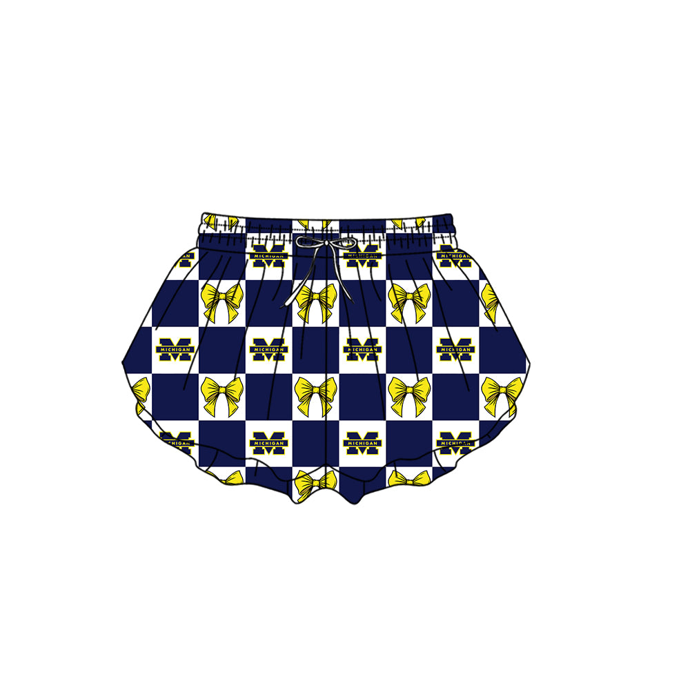MOQ 5 pcs Plaid bow navy yellow M kids girls team active summer shorts