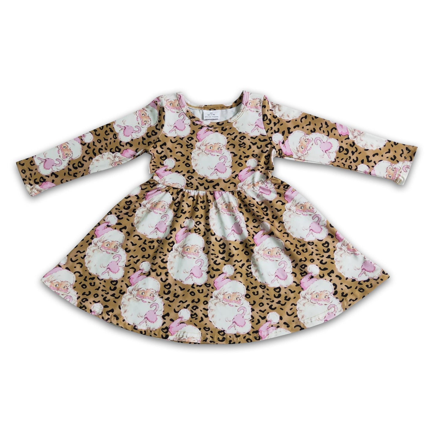 Santa leopard long sleeve girls Christmas dresses