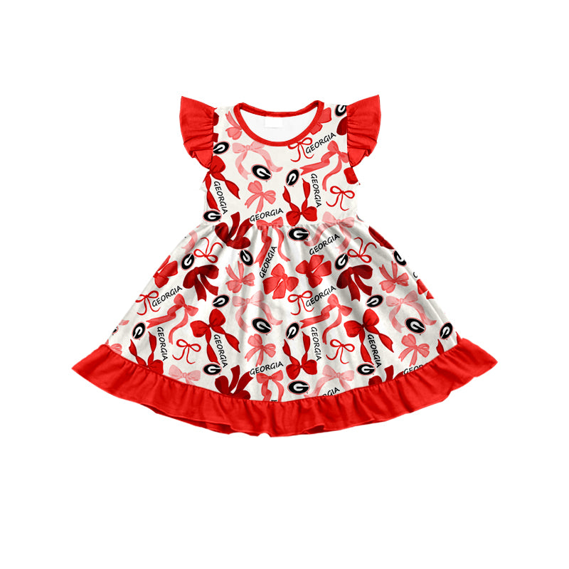 MOQ 3 pcs flutter sleeves red G bows girls team dress