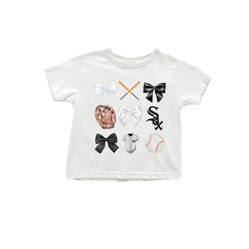 MOQ 3 pcs White black bow S baseball kids team shirt