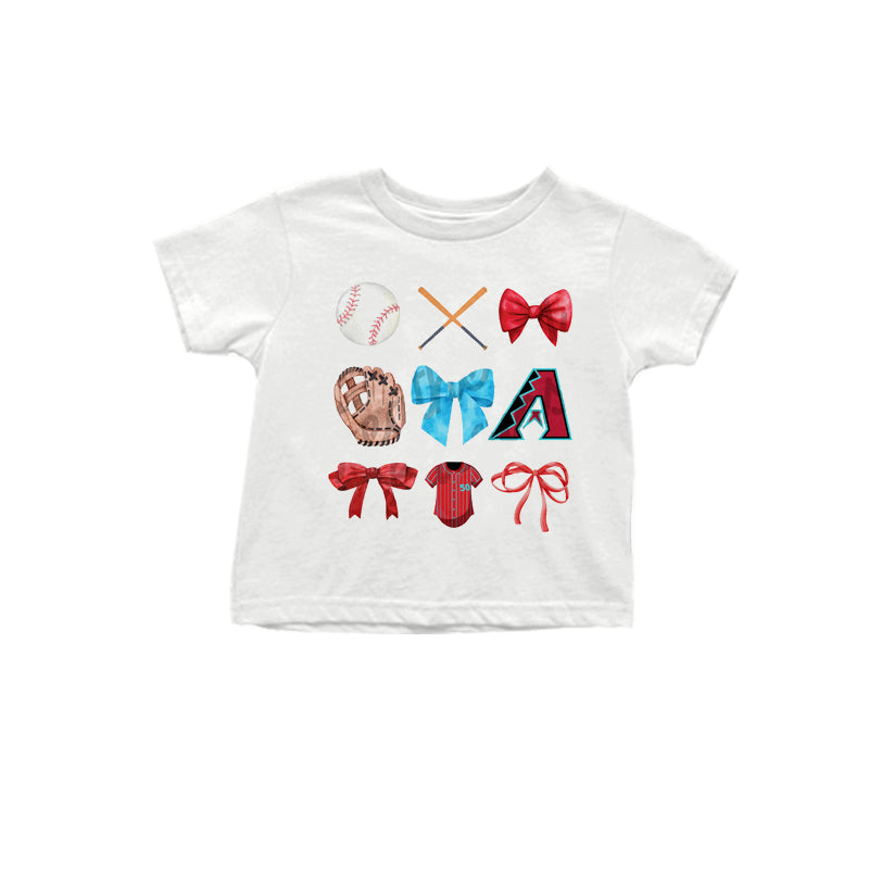 MOQ 3 pcs White red light blue bow baseball kids team shirt