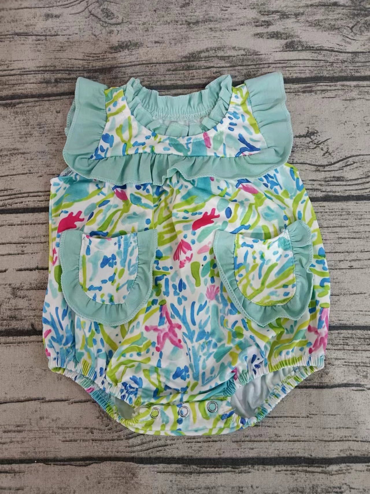 MOQ 3 pcs mint watercolor seaweed girls summer romper