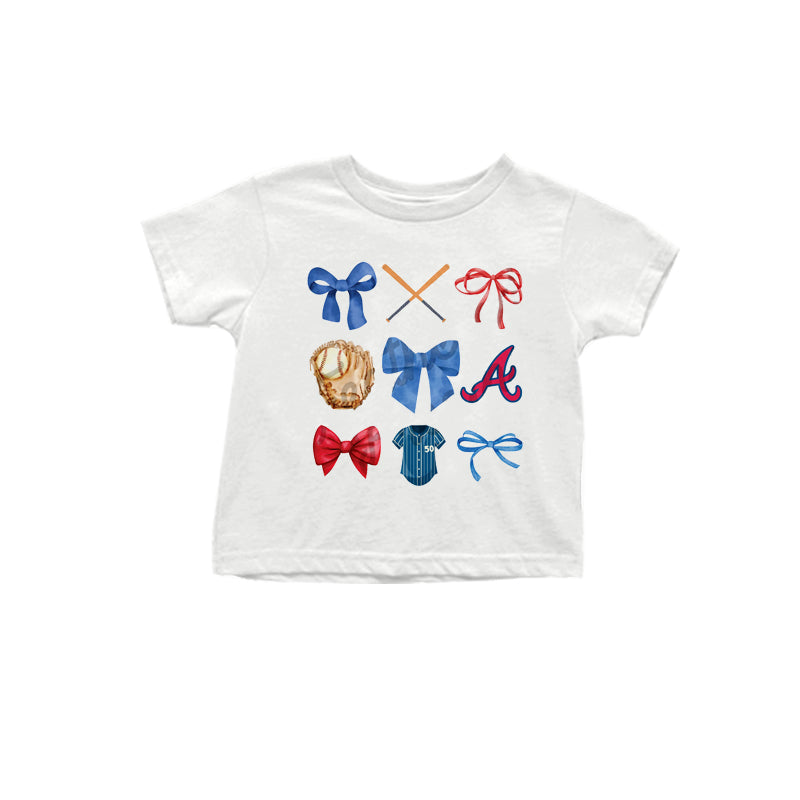 MOQ 3 pcs White red blue bow A baseball kids team shirt