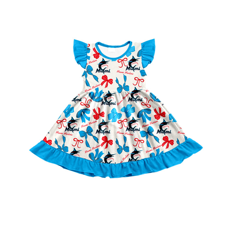 MOQ 3 pcs flutter sleeves M light blue bows girls team dress