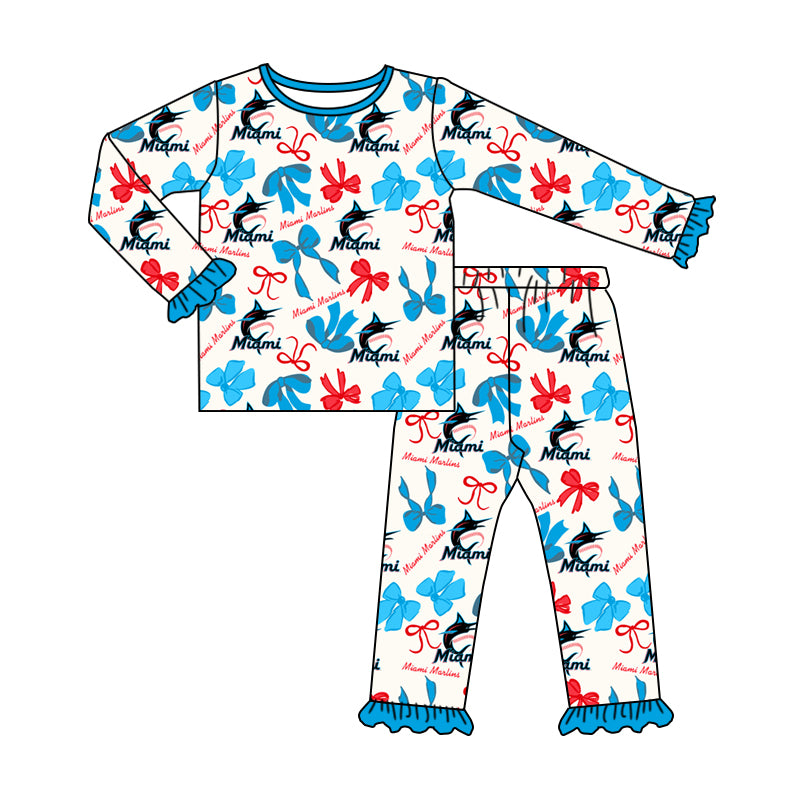 MOQ 3 Long sleeves M light blue bow kids girls team pajamas