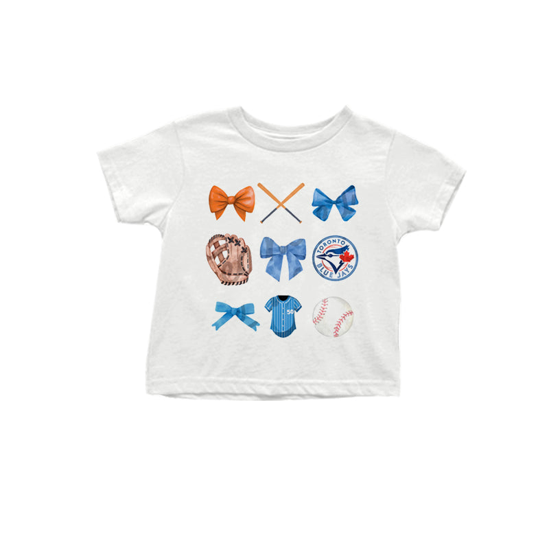 MOQ 3 pcs White orange light blue bow baseball kids team shirt